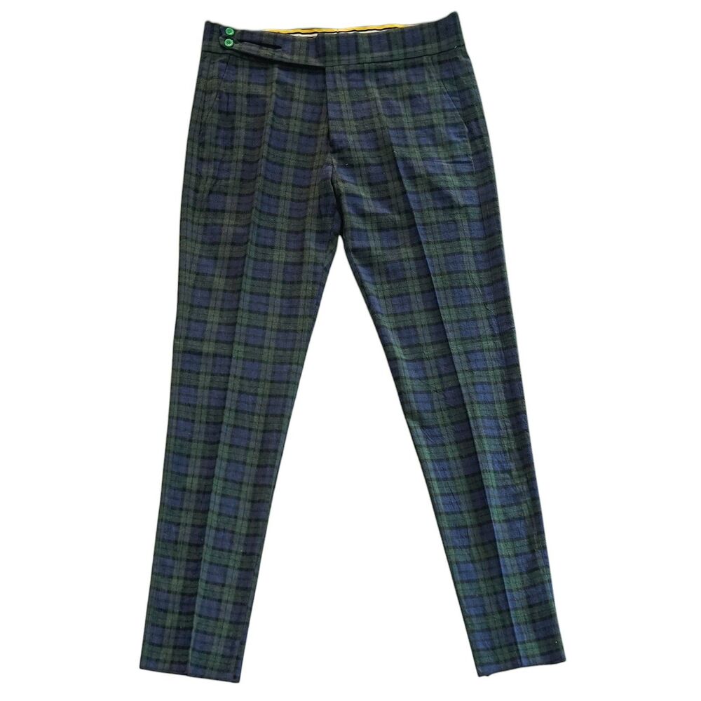 Mens 36 Gurkha Pants Navy Green Tartan Plaid Cotton Flat Front Slim Fit Trousers